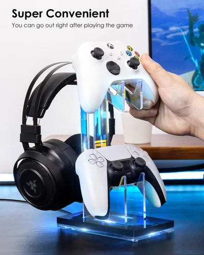 Vista 6 de OAPRIRE Headset and Controller Stand with Lights, 2 Tier Acrylic Game Controller Holder, Controller and Headset Stand for Desktop,Universal Design