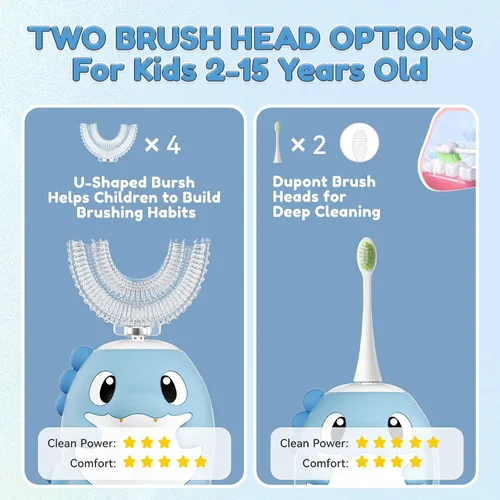 Vista 6 de Cepillo de dientes eléctrico en forma de U para niños, cepillo de dientes automático sónico de dinosaurio con 6 cabezales de cepillo, boca completa