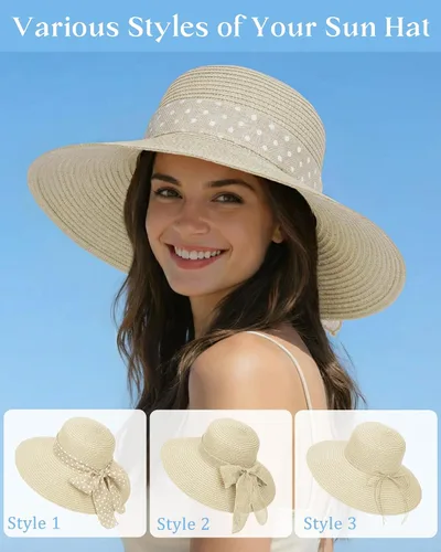 Vista 3 de Sombreros de paja Sun Beach para mujer, sombrero de ala ancha de verano 2-Beige