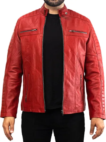 Vista 3 de Chaqueta de motociclista Cafe Racer para hombre, de piel roja a la moda