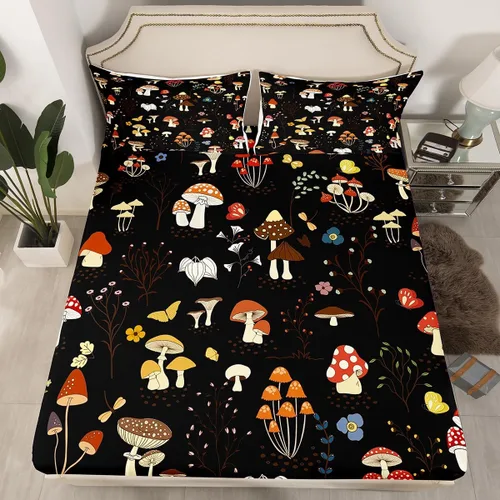 Vista 2 de Erosebridal Juego de sábanas de hongos para cama individual, diseño de hongos de dibujos animados, diseño de mariposas kawaii, plantas botánicas