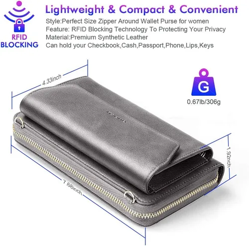 Vista 4 de nuoku Cartera RFID para mujer, bolso cruzado con cremallera alrededor de 2 correas