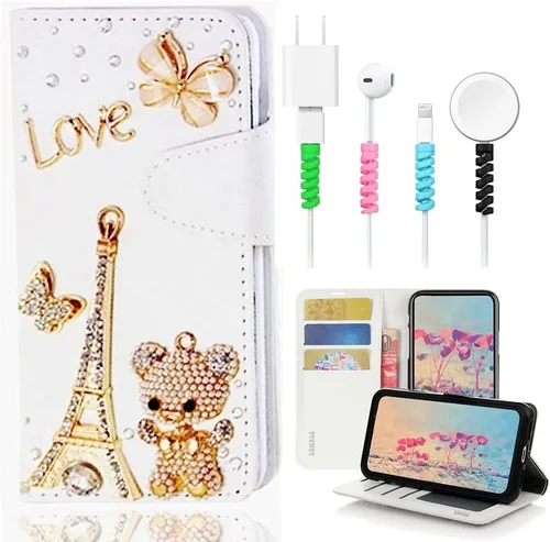 Vista 8 de Bling - Funda de piel tipo cartera compatible con iPod Touch 7ª generación (2019), diseño de flores y mariposas en 3D hechas a mano, con protector