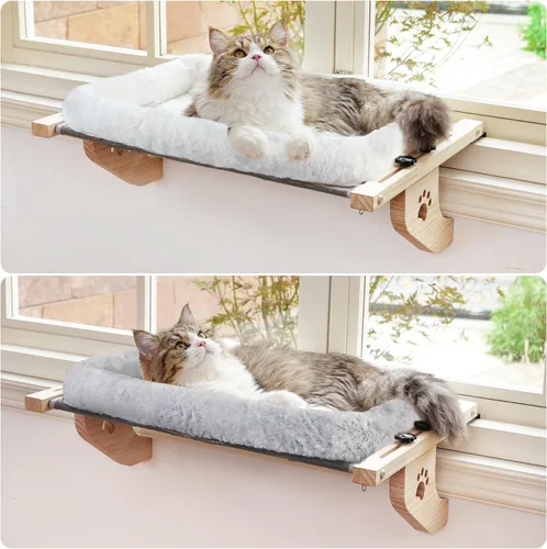 Vista 4 de AMOSIJOY Percha de Ventana para Gatos Sillón de Hamaca Robusto con Funda de Almohadón, Marco de Madera y Metal para Gatos Grandes, Cama de Gato Gris