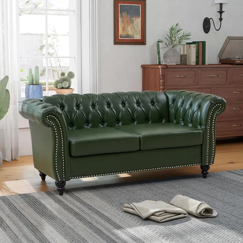 Vista 21 de QHITTY Sofá grande Accent, sofá Chesterfield de 3 plazas moderno de cuero, sofá tapizado con respaldo copetudo para muebles de sala de estar (negro)