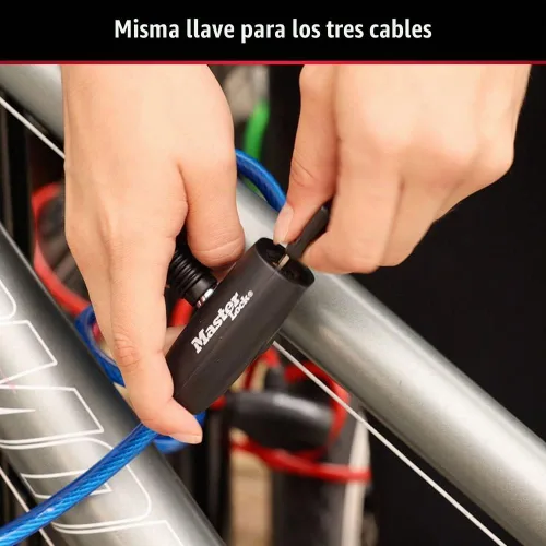 Vista 5 de Master Lock Cables para candado de bicicleta con llave, azul, verde y rojo, paquete de 3 cerraduras de cable de bicicleta con llave, 6 pies