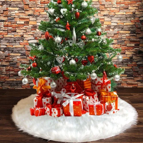 Vista 36 de Falda de Árbol de Navidad de 24 Pulgadas - Falda de Árbol de Piel Sintética Esponjosa Beige Blanca, Decoración Navideña de Felpa de Color Toka