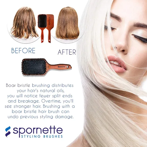 Vista 6 de Spornette Deville Cushion Paddle Brush - Cepillo de cerdas de jabalí con mango de madera, para alisar, alisar, desenredar, peinar y cepillar