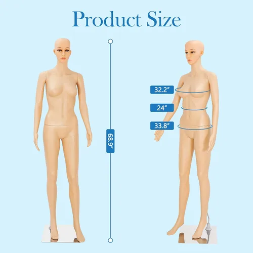 Vista 3 de Maniquí femenino de cuerpo completo con cabeza ajustable, extremidades flexibles, diseño desmontable de 69 pulgadas, forma de vestido con base