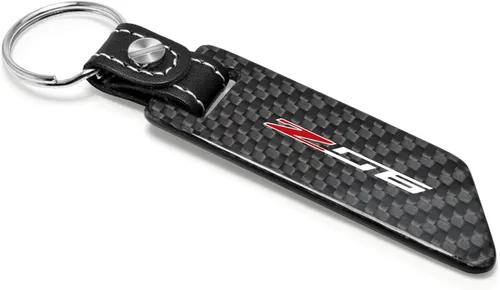 Vista 2 de iPick Image Para Chevrolet Corvette C7 Z06 Negro Real Fibra de Carbono Estilo Hoja con Correa de Cuero Negro Llavero Llavero, Con Licencia Oficial