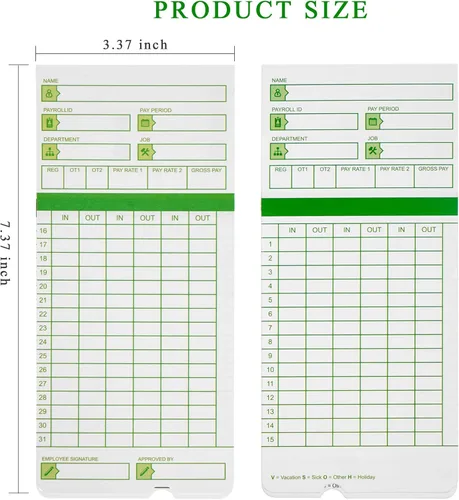 Vista 2 de Zzrywuty Tarjetas de tiempo para empleados mensuales, todos los períodos de pago, 50 tarjetas de tiempo para Hn3000, 2 caras, 3 3/8 pulgadas x 7 3/8