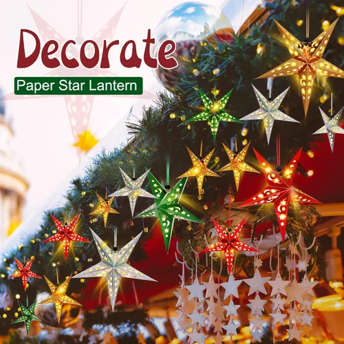 Vista 6 de Hortsun Juego de 20 faroles de papel de Navidad con forma de estrella, 2 tamaños, 17.7 y 11.8 pulgadas, adornos colgantes de Navidad, pantalla 3D