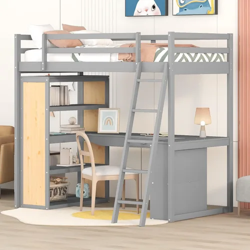 Vista 13 de Cama tipo loft de tamaño matrimonial con escritorio y tobogán para deportes Negro