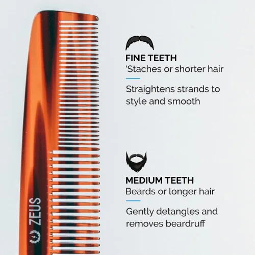 Vista 4 de ZEUS Peine grande de barba y bigote de 7.5 pulgadas, peine de corte sierra hecho a mano para el aseo de los hombres, antiestático, acabado ultra