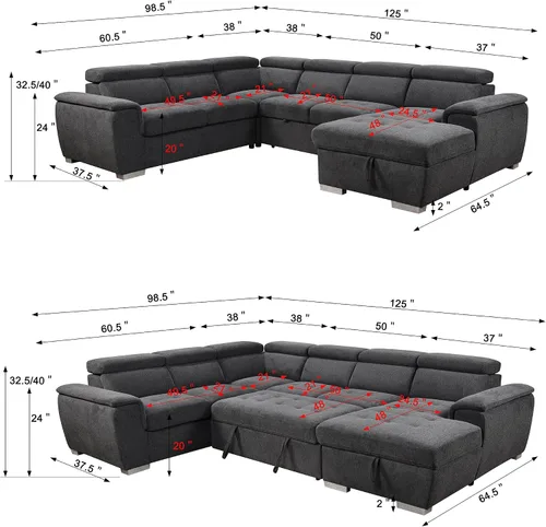 Vista 2 de Sofá modular moderno de 125 pulgadas en forma de U de 7 asientos con reposacabezas ajustable, sofá cama con diván de almacenamiento, sofá cama Dark