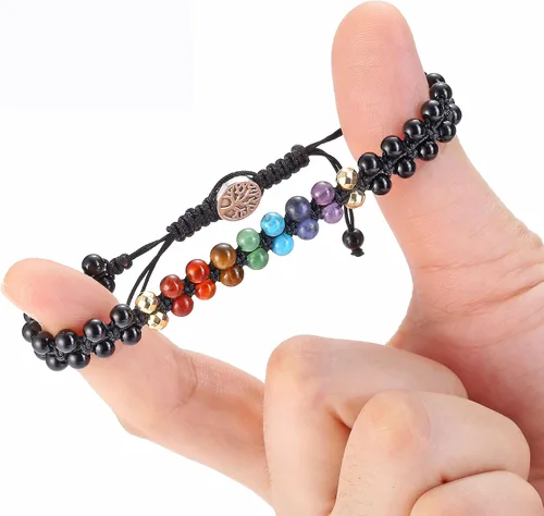 Vista 3 de GEHECRST Pulsera natural de cristal curativo de 7 chakras, cuentas redondas de reiki, pulsera elástica para mujeres y hombres, joyería de yoga