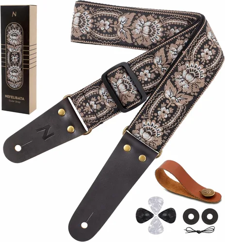 Vista 42 de Nefelibata Correa de guitarra, correas de guitarra de algodón bordadas con extremos de cuero de vaca para bajo, guitarras eléctricas y acústicas