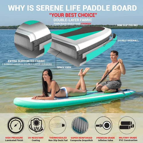 Vista 5 de SereneLife Tabla de remo inflable con accesorios de SUP premium, diseño amplio y estable, almohadilla antideslizante de EVA para jóvenes y adultos