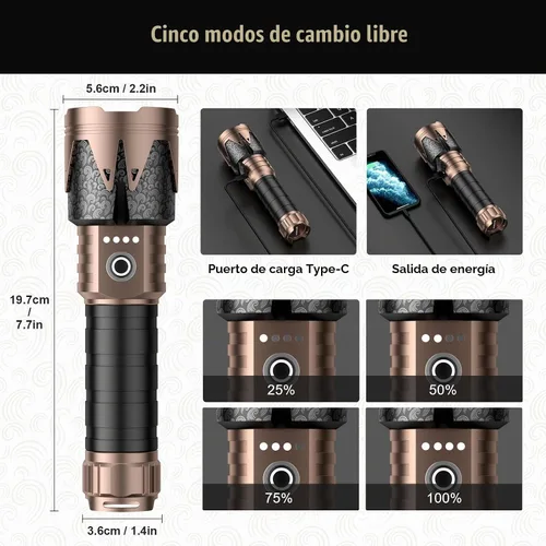 Vista 5 de SKYFIRE Linternas recargables de alto lúmenes con lente de encendido, 5000 linternas tácticas súper brillantes, zoomable, 6 modos, luz de flash