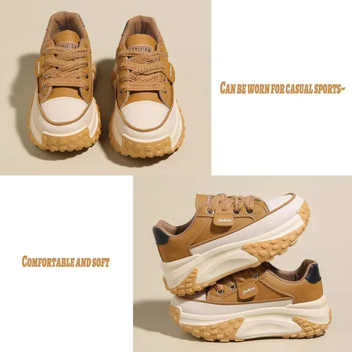 Vista 4 de DXNXIG Tenis casuales suaves de cuero para mujer, zapatos deportivos de plataforma con cordones, antideslizantes, absorben los golpes, elevan