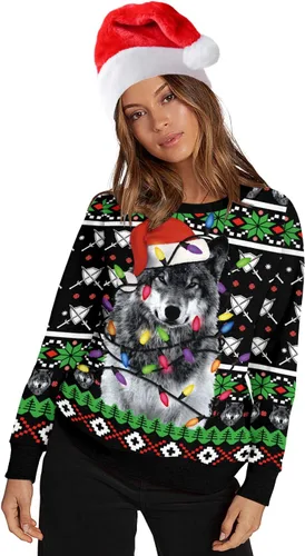Vista 52 de Sudaderas de Navidad unisex con estampado 3D y cuello redondo, manga larga, suelta, suéter de Navidad