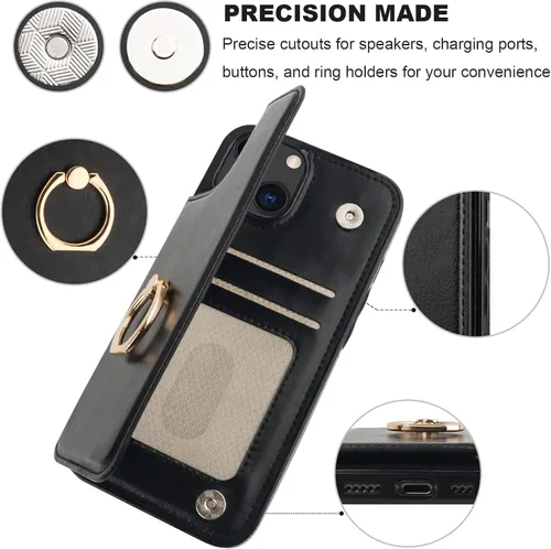 Vista 8 de ONETOP Funda tipo cartera para iPhone 13 con soporte para tarjetas, anillo de rotación de 360°, bloqueo RFID, doble cierre magnético, a prueba