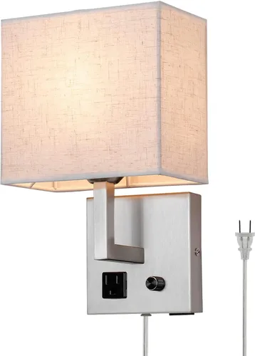 Vista 8 de Aplique de pared enchufable, lámpara de pared de cabecera con enchufe y interruptor regulable, con puerto de carga USB y toma de corriente, adecuado