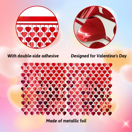 Vista 4 de AIBIIN Paquete de 2 cortinas de flecos de papel de aluminio de corazón rojo de 3.3 x 6.6 pies para el día de San Valentín, cortinas de fondo