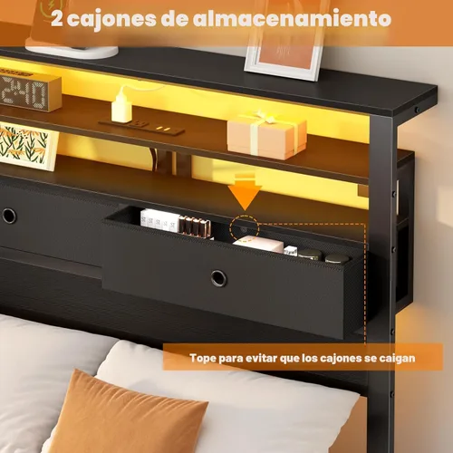 Vista 3 de Furnulem - Base de cama individual con estación de carga y luces LED, roble negro