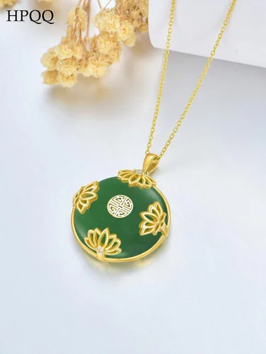 Vista 6 de HPQQ Jade Lotus Necklace for Women 14k Gold Plated Sterling Silver LotusSunflowerRoseMushroom Round Jade Jewelry Anniversary Birthday Gifts for