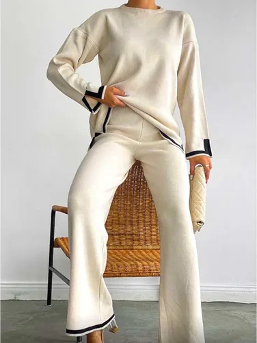 Vista 4 de MaLinfandor Conjunto de 2 piezas de suéter de punto para mujer, sudadera de manga larga, pantalones elásticos de pierna ancha, conjunto de ropa