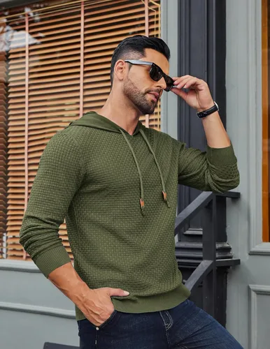 Vista 56 de COOFANDY Sudadera con capucha para hombre, casual, de manga larga, con cordón, de punto gofre, ajustada
