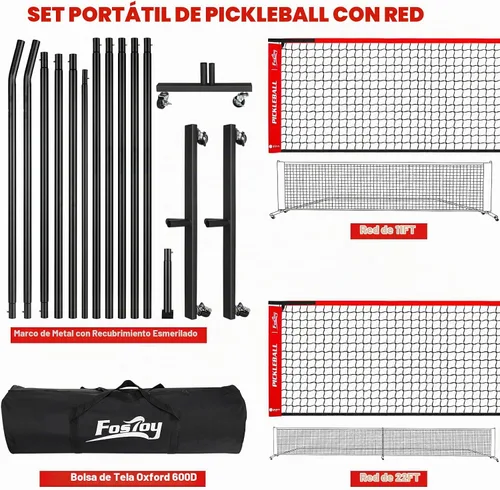 Vista 8 de Fostoy Portable Pickleball Net Set with Wheels, 22 FT & Half Court 11 FT Negro&rojo