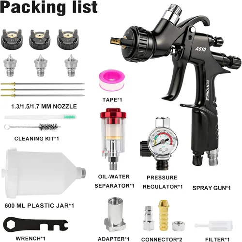 Vista 6 de R500 LVLP Pistola de pulverización de aire con boquillas de 1.3/1.5/0.067 in y regulador de aire, pistolas de pintura A610 automotrices kit premium