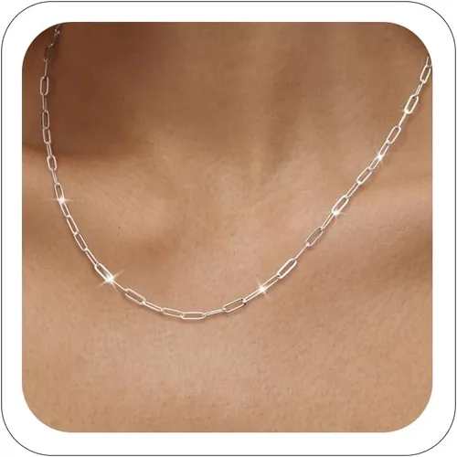 Vista 12 de Collar de cadena de clip de plata para mujer, delicado collar de gargantilla de plata de ley para mujer, collar de eslabones simples, largos 3mm16