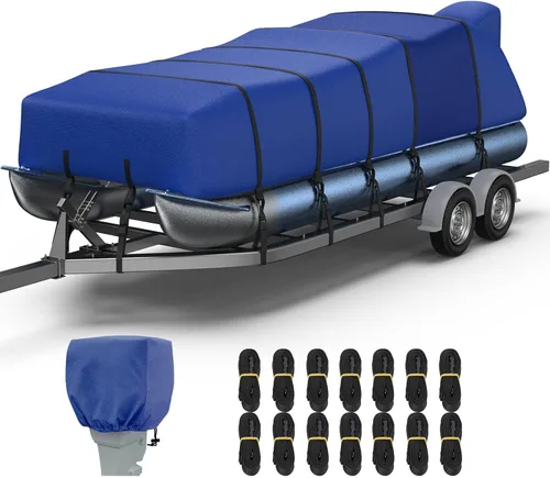 Vista 14 de RVMasking Cubierta para barco pontón con cubierta para motor, 1400D resistente reforzada en el medio, cubierta impermeable para barco de grado
