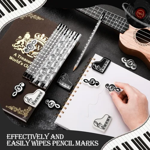 Vista 7 de 24 piezas Lápices de música con notas musicales y borradores Teclado de piano de madera Borradores para recitales de piano Regalos musicales A favor