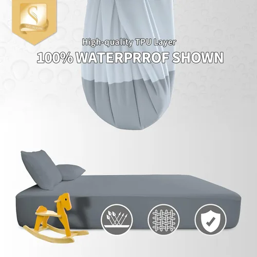 Vista 2 de Safe and Sound Mattress Protector, Premium 100% Waterproof Mattress Cover, Noiseless Breathable Soft, Fitted Deep Pocket 8-21'' Bed Cover Gray Twin
