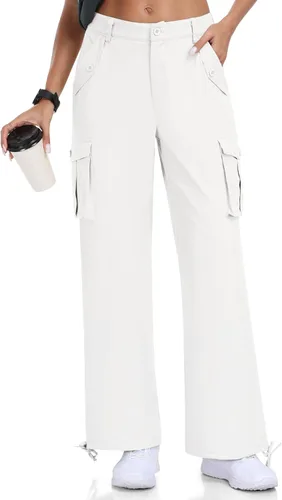 Vista 2 de MoFiz Pantalones cargo para mujer, 6 bolsillos, holgados, de pierna ancha, cintura alta, casuales, para senderismo, exteriores, atléticos