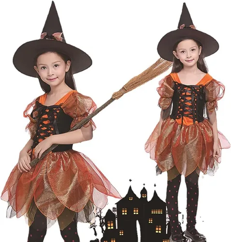Vista 5 de Disfraz de bruja naranja de Halloween para niñas, disfraz de Halloween para bebé, disfraz de Halloween para cosplay Black Witch