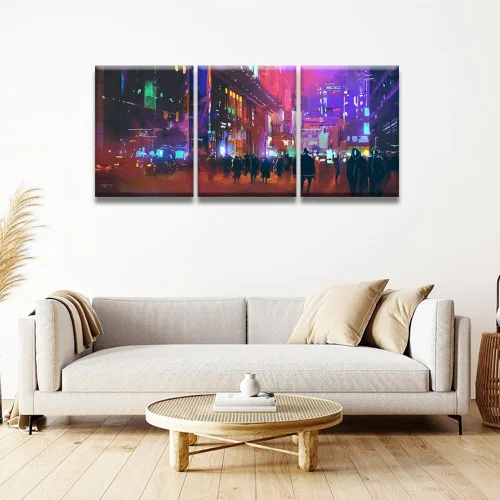 Vista 2 de Lienzo decorativo para pared, diseño de ciudad futurista Cyberpunk para sala de estar, impresión multipanel, obra de arte de cocina, pintura