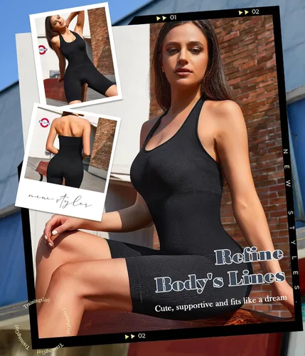 Vista 2 de TrainingGirl Mono de yoga para mujer, con cuello halter, pantalones cortos, acanalado, de una pieza, sin costuras, bodycon, entrenamiento, gimnasio