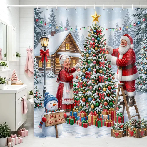 Vista 13 de Merry Christmas Tree Ornaments Waterproof Shower Curtain Set with Hooks Navidad