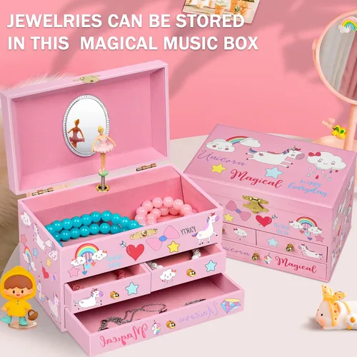 Vista 3 de Joyero musical para niñas con diseño de unicornio y bailarina giratoria, 3 cajones extraíbles, juego de joyería de unicornio incluido, caja