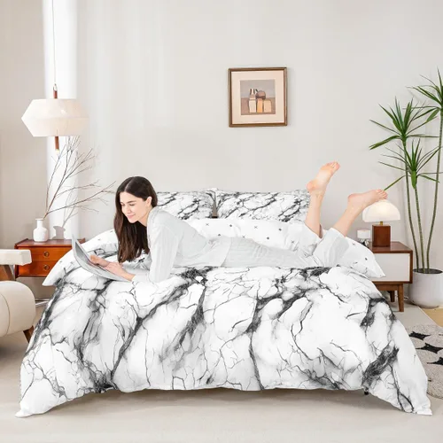 Vista 17 de Juego de funda de edredón geométrica negra Twin XL, juego de ropa de cama a rayas negras y blancas, moderno, suave, de lujo, de microfibra