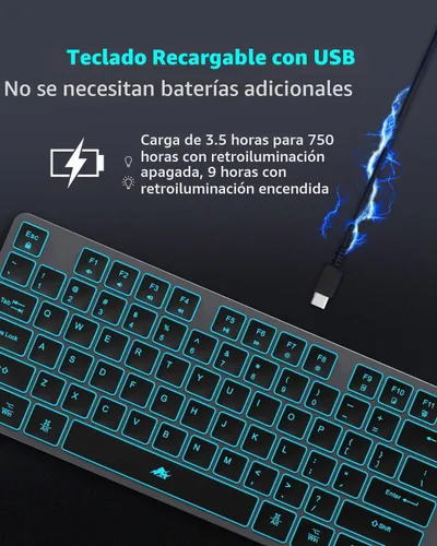 Vista 3 de Teclado inalámbrico retroiluminado, teclado silencioso USB recargable, tamaño completo inalámbrico de 2.4G, compatible con Apple iMac, MacBook y PC