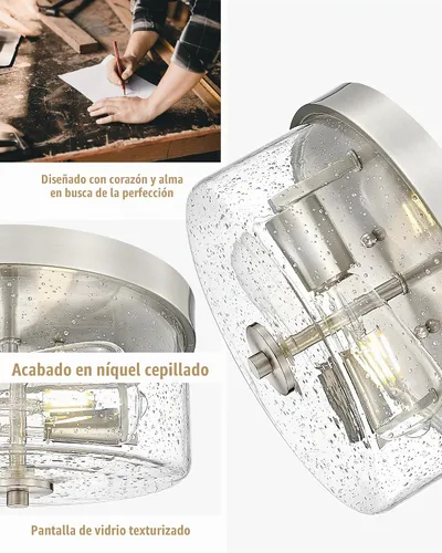 Vista 4 de Emak FM082-BN - Lámpara de techo de níquel cepillado de 2 luces, de 11 pulgadas, con pantalla de vidrio semillado para dormitorio, sala de estar