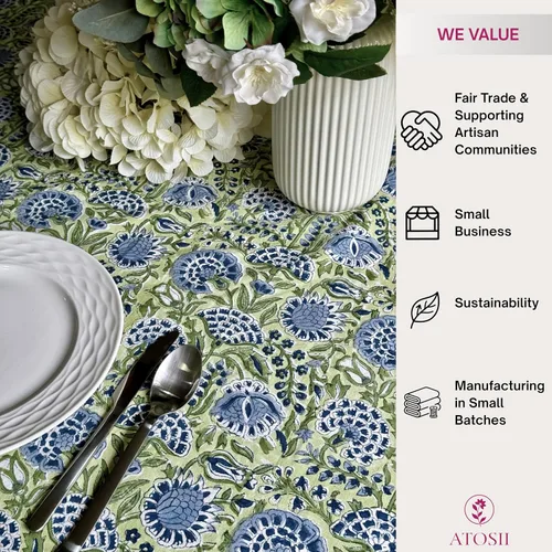 Vista 4 de ATOSII Mantel 100% algodón, Amara, floral, hecho a mano, rectangular, de lino, para cocina, comedor, fiestas, bodas, exteriores, picnics, Pascua