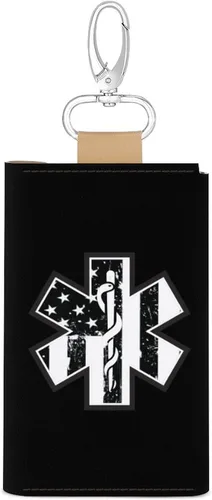 Vista 3 de Bandera estadounidense con EMS Star of Life - Funda de cuero para llaves, organizador de llaves, tarjetero, llavero