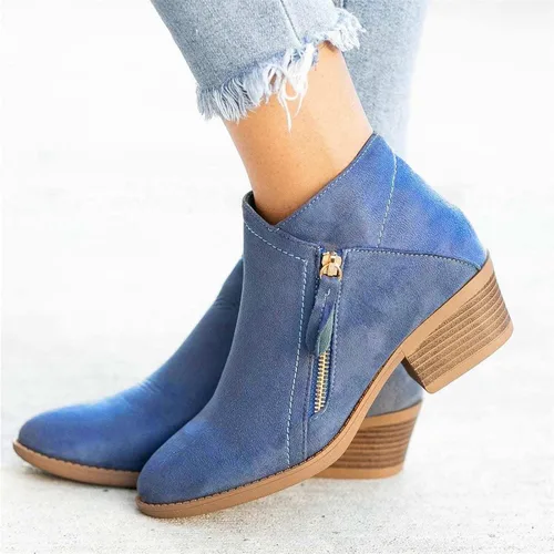 Vista 2 de Botas para mujer, botines de tobillo 2022, a la moda, de otoño, con cremallera lateral, punta puntiaguda, bloque grueso, tacón medio, liso, casual